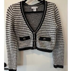 London Kaye Cropped Cardigan Womens Medium Black and White Classic Afternoon Tea